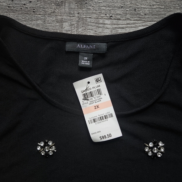 🩷💜Alfani Blouse 2X Black Top Tiered Bell Sleeve Rhinestones Beads💛🩷 - Picture 6 of 8